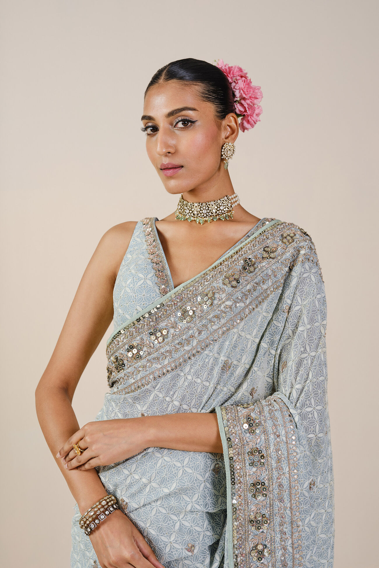Aaloka Embroidered Georgette Saree - Blush, Powder Blue, image 4